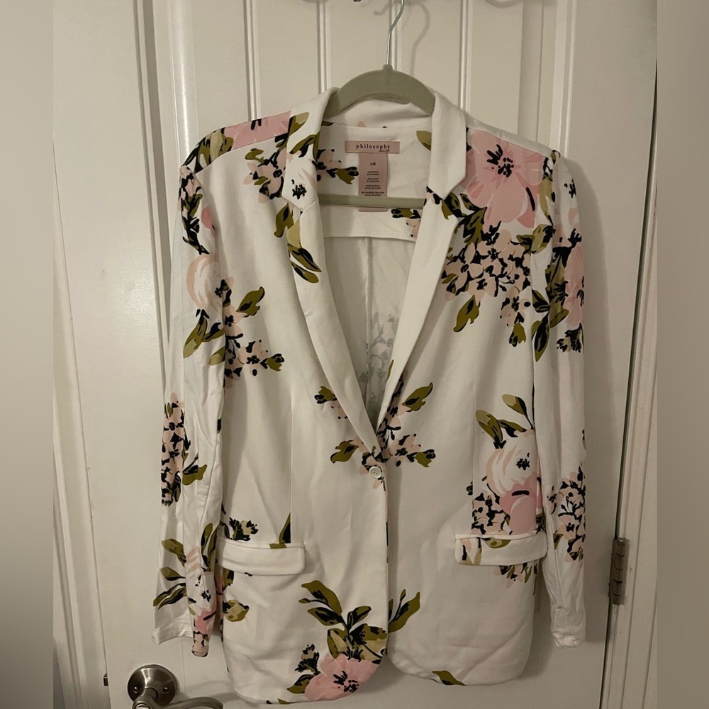 Philosophy 1 button Women’s‎ Sz L Blazer Jersey feel White, pink, black, green